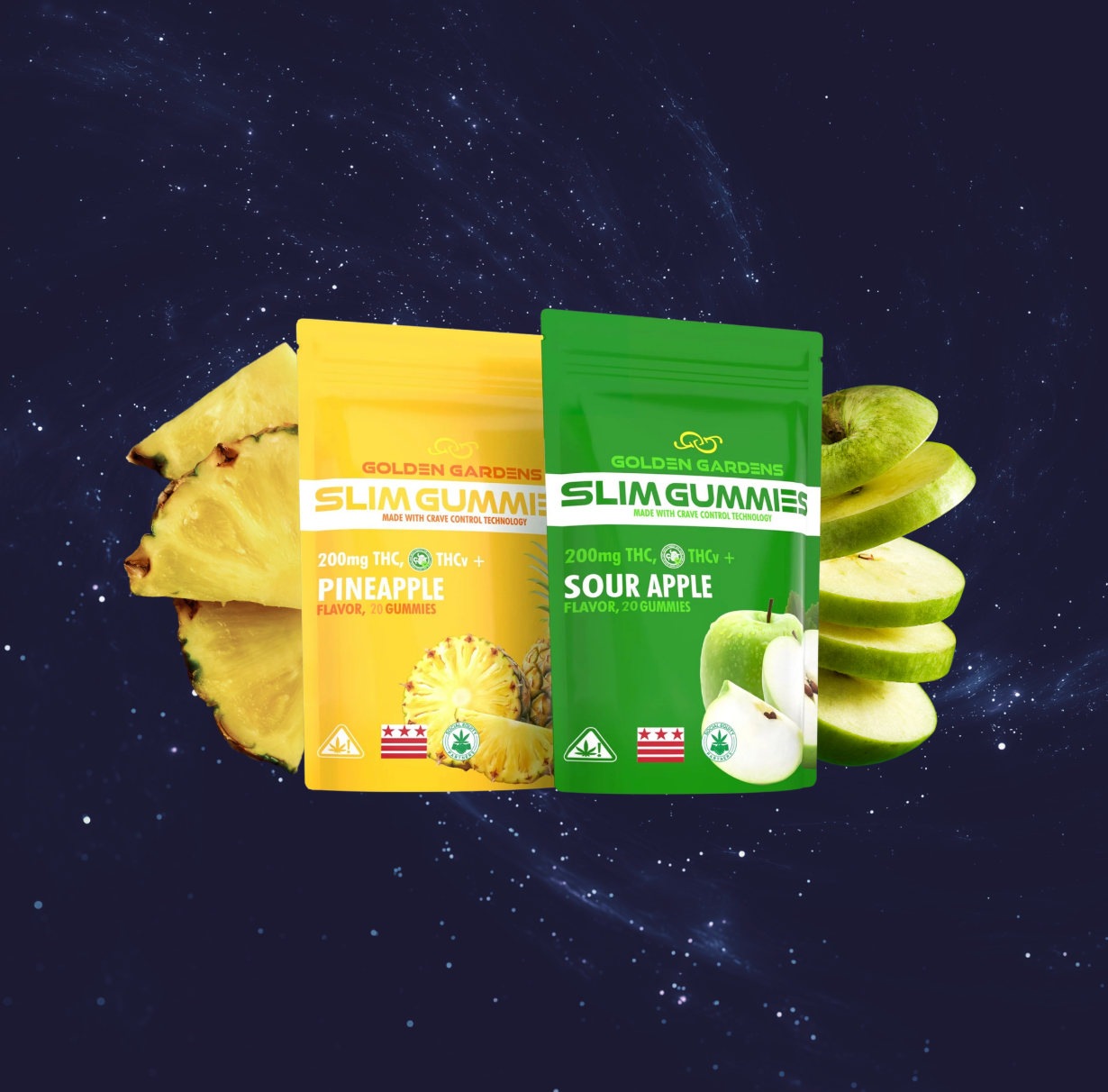 Two packages of Golden Garden Slim Gummies, one pineapple and one sour apple, on a dark space-themed background.