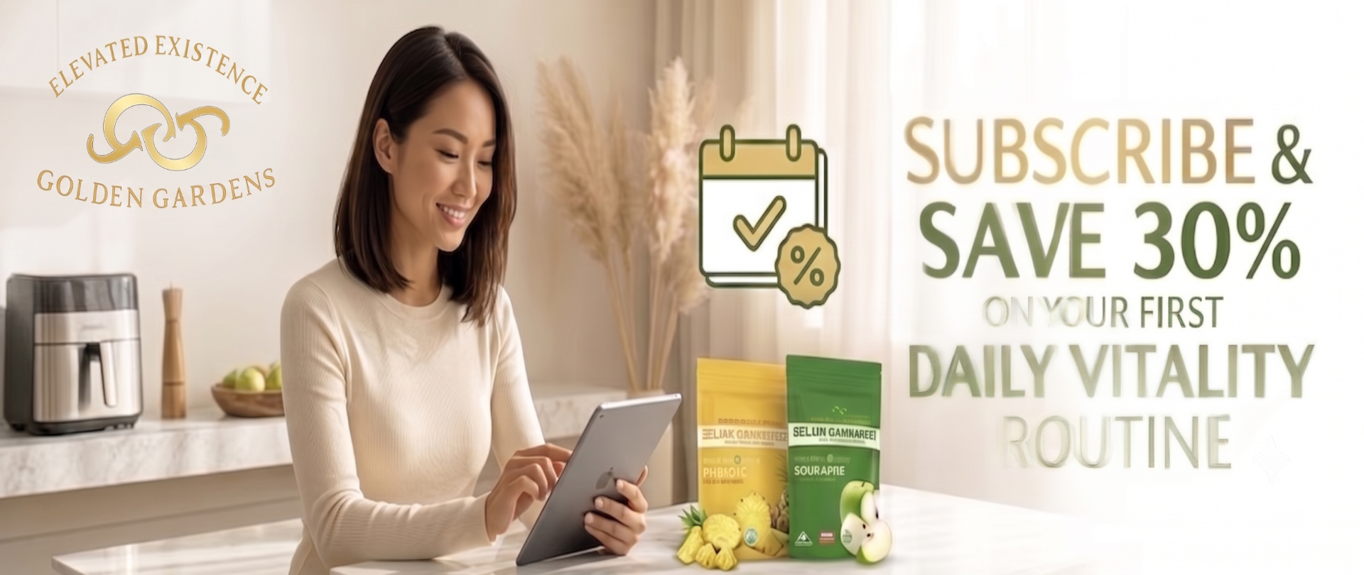 A woman in a cream sweater sits at a kitchen counter using a tablet, with Golden Gardens products displayed on the counter including a sour Apple Gummies supplement box, a pineapple Gummies box, brand logo 'Elevated Existence Golden Gardens' next to a toaster.