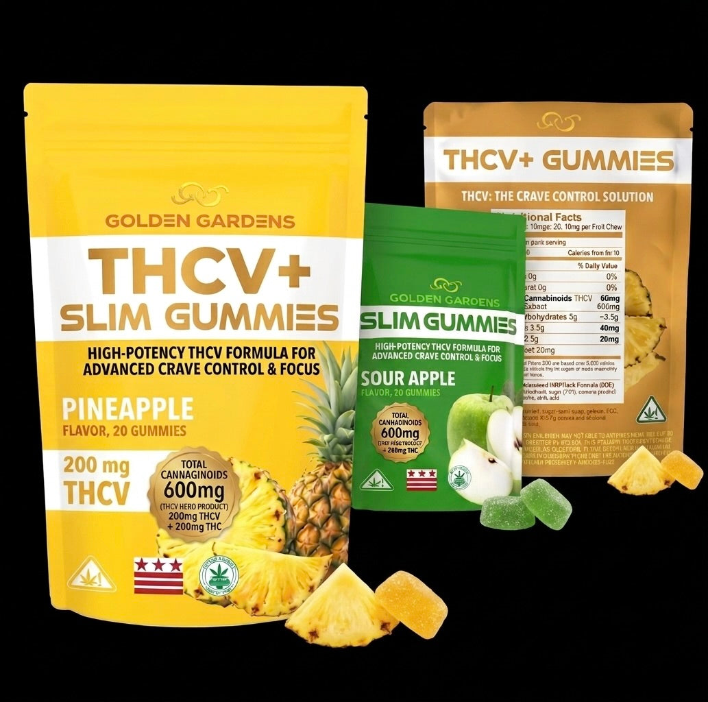Three Golden Gardens THCV+ Slim Gummies pouches in Pineapple, Sour Apple, and a third pouch showing the back label, alongside loose pineapple gummies, on a solid black background.