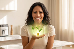 A smiling woman with dark hair stands in a bright kitchen, holding up a glowing green CannaBliss sprout and small yellow block with a soft light effect around it.