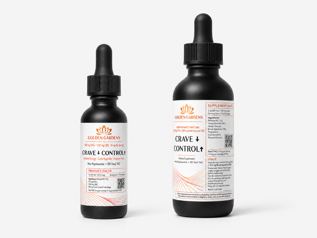 Golden Gardens Crave Control THCV and CBD tincture bottles in 1 oz and 2 oz sizes