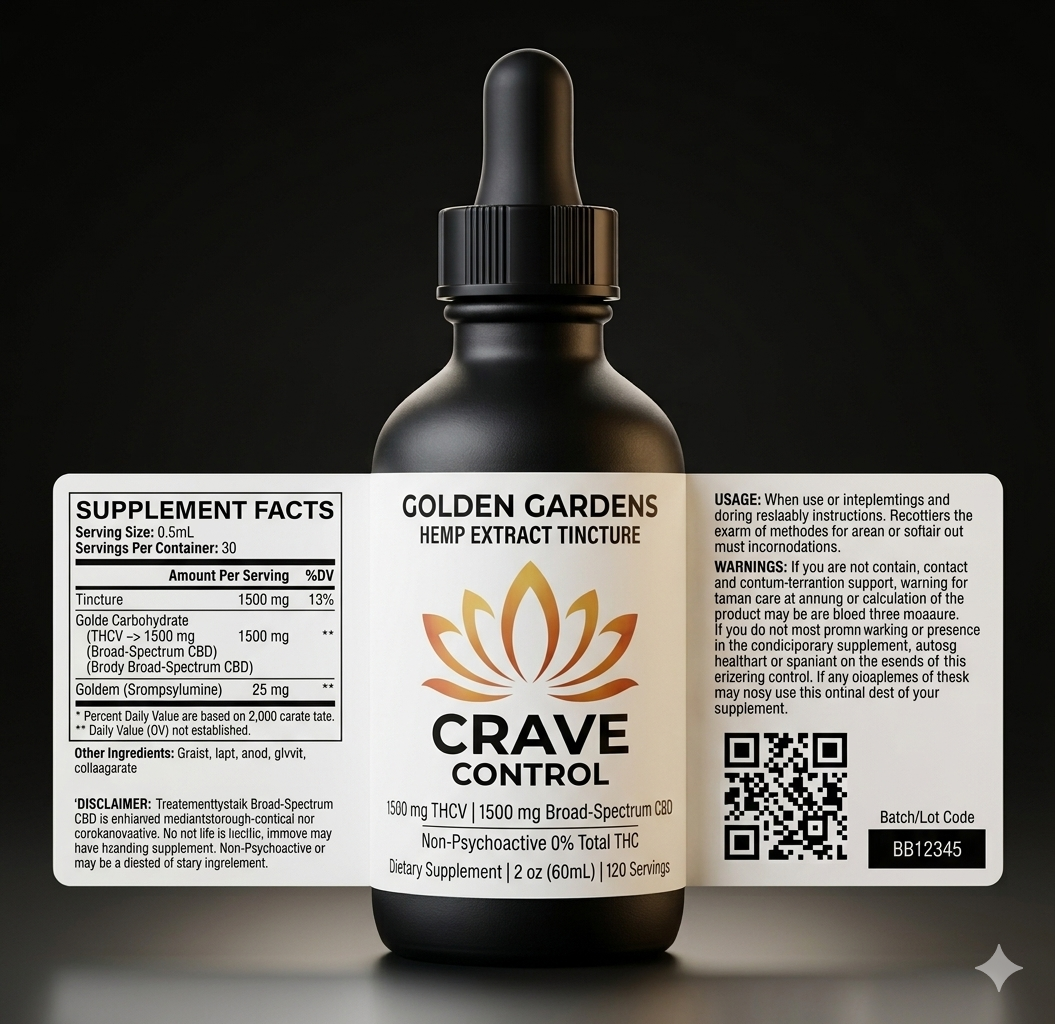 Golden Gardens Crave Control 2 oz THCV and CBD tincture product label with supplement facts