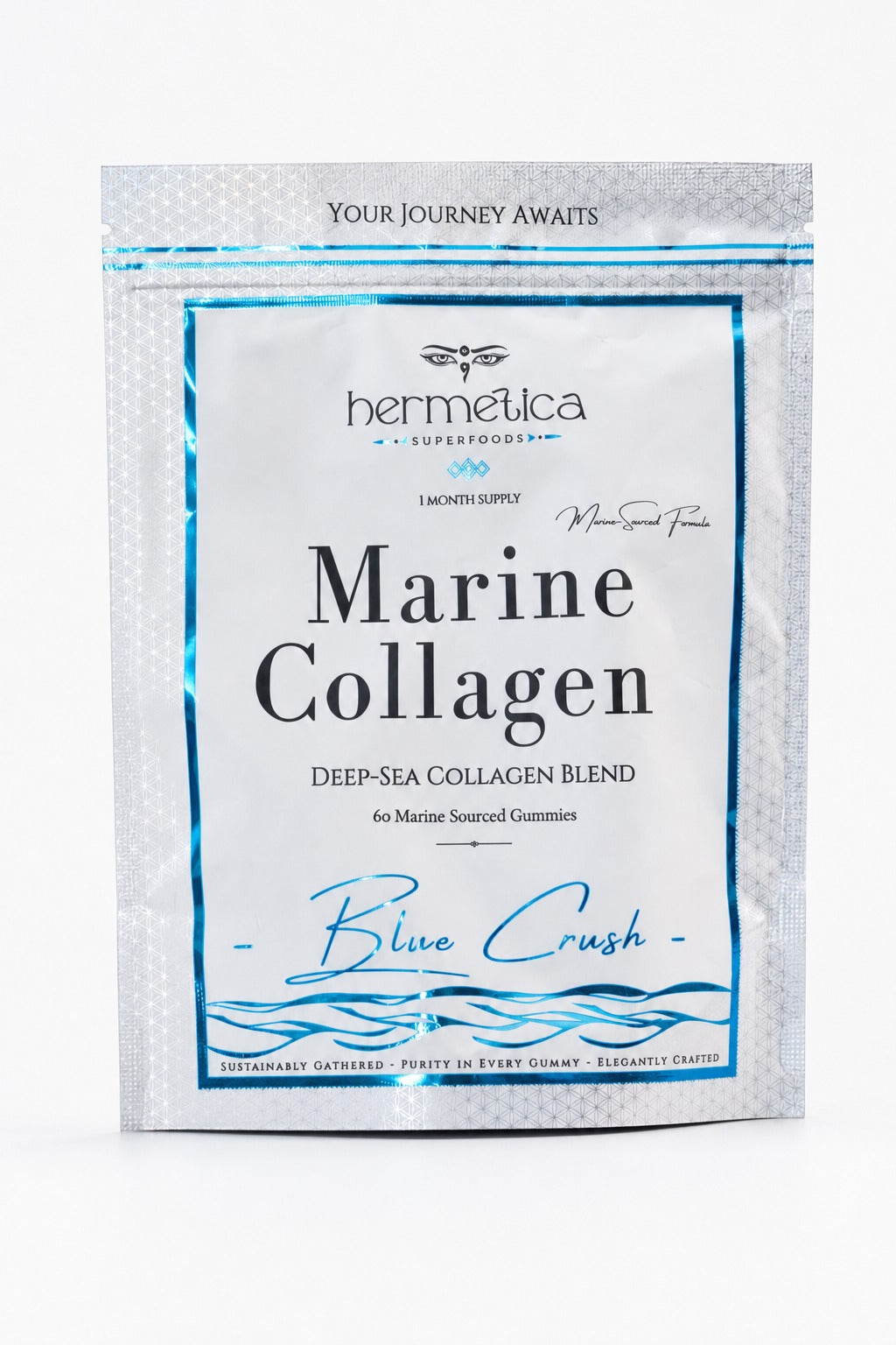 Hermetica Blue Crush Marine Collagen Gummy 60-count silver pouch with blue accents