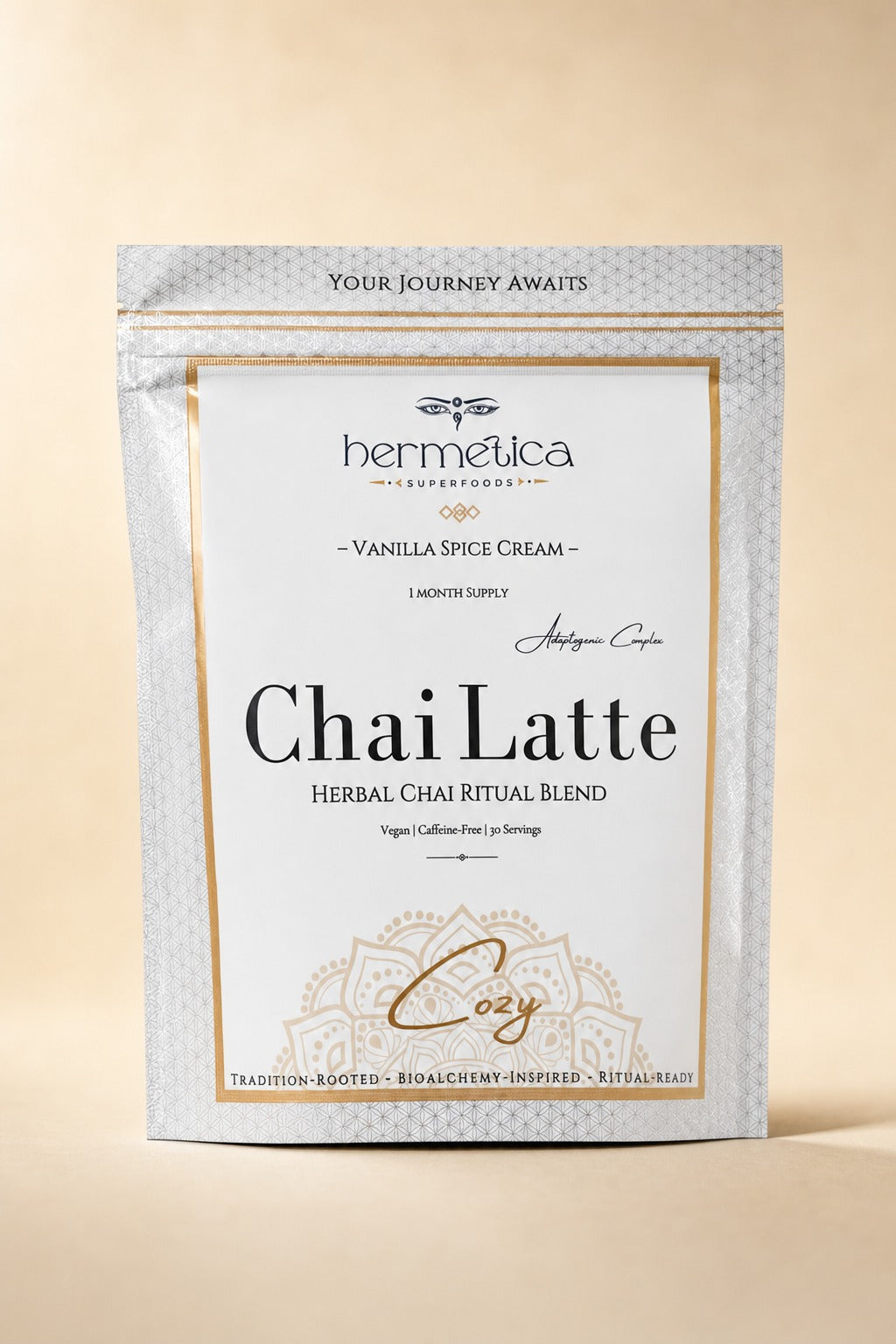 Hermetica Cozy Vanilla Spice Cream herbal adaptogenic chai latte 30-serving pouch