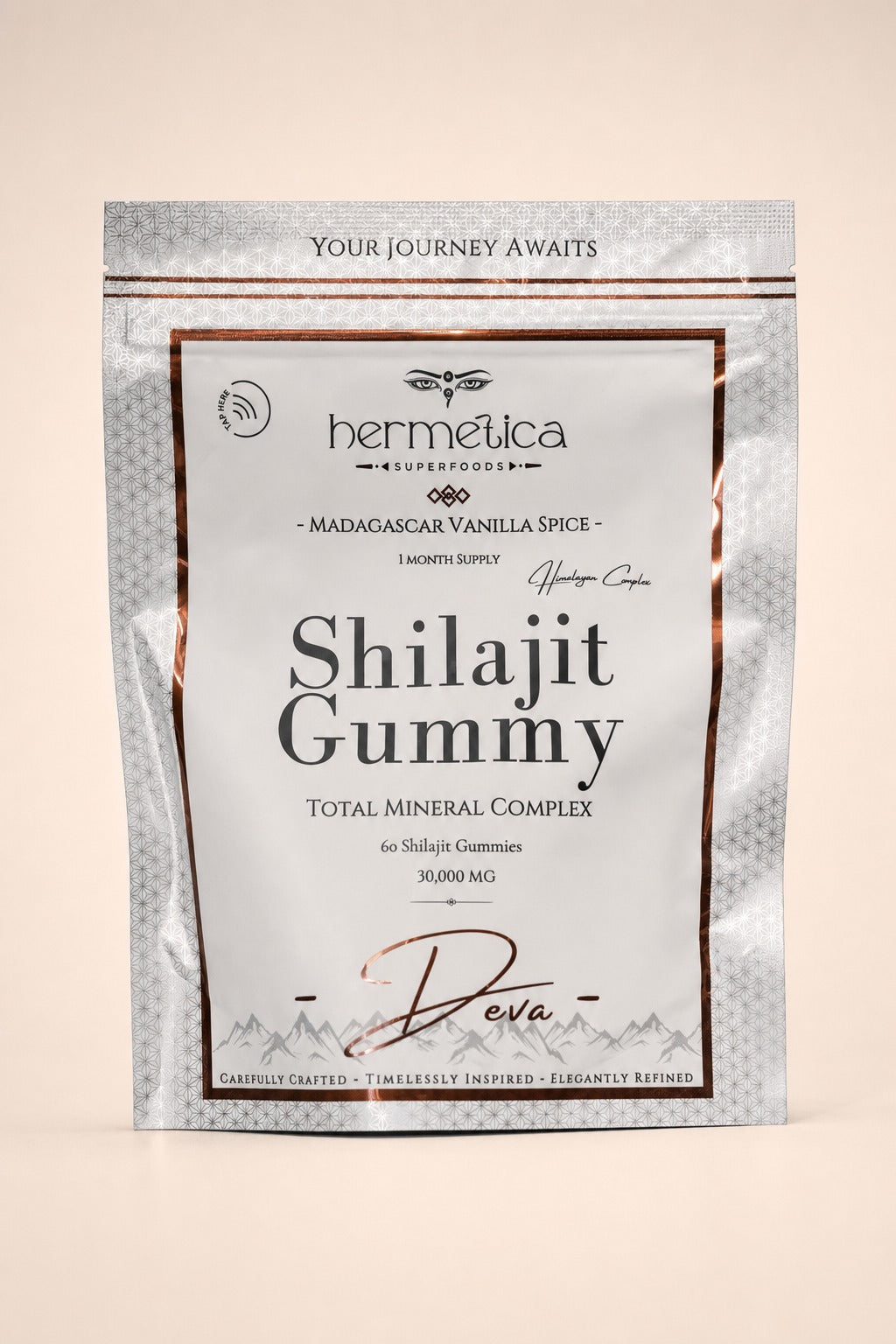 Hermetica Deva Madagascar Vanilla Spice Shilajit Gummy 60-count silver pouch