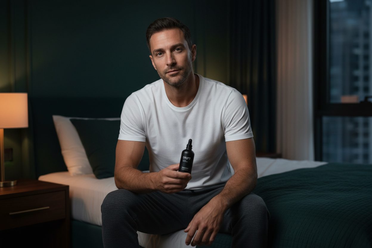 Man holding DRIFT Original black bottle at bedtime