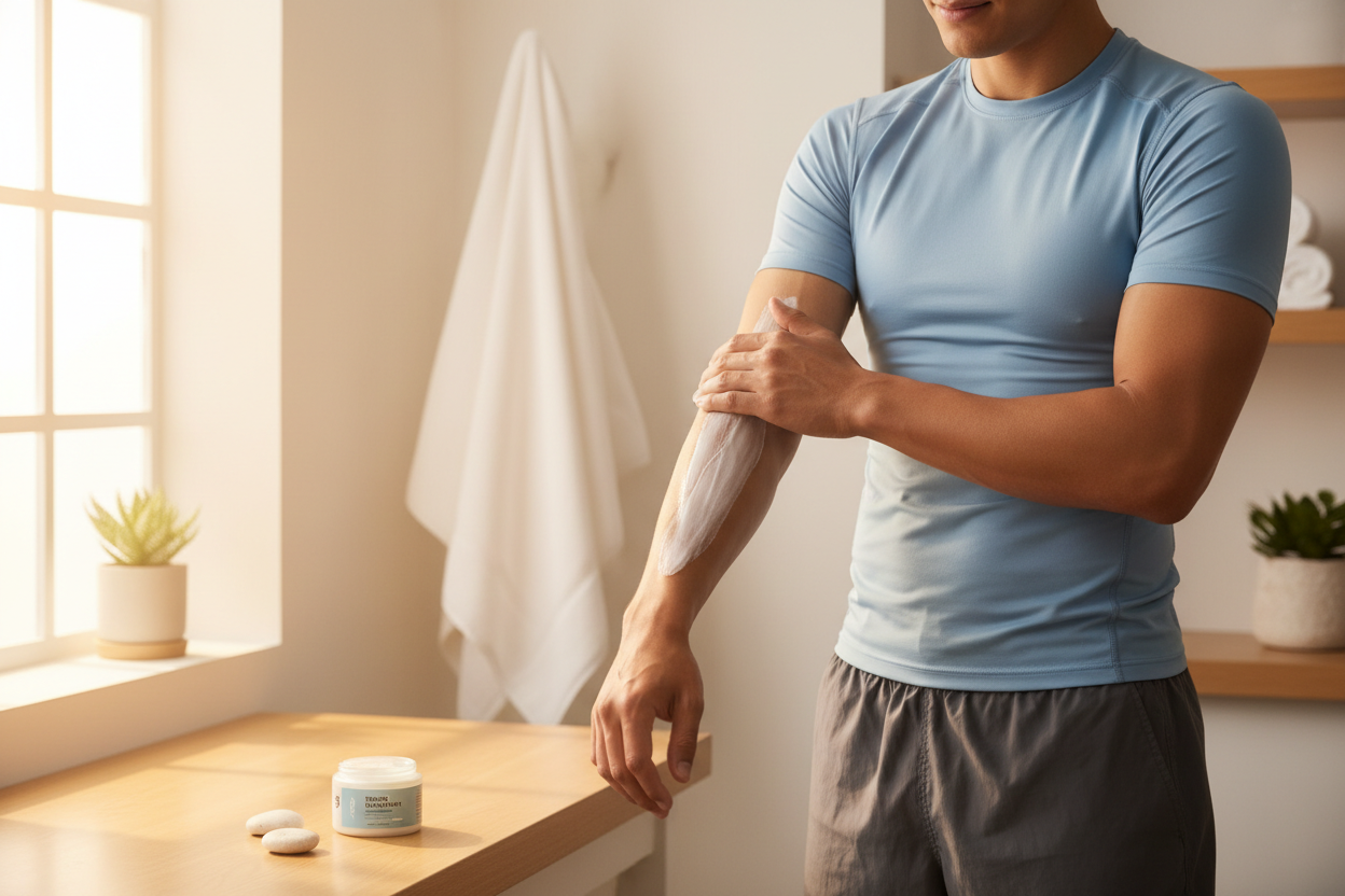 Person applying Canna-Bliss Relief & Recovery Balm to their elbow for pain relief